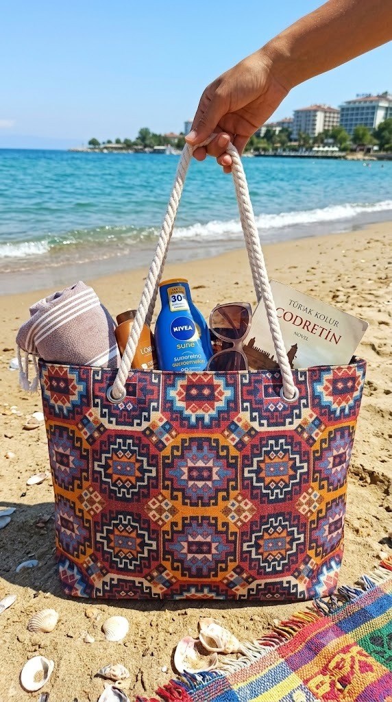 Büyük Boy Plaj Çantası 40×30 cm - Fermuarlı Günlük Omuz, Alışveriş ve Tatil Çantası