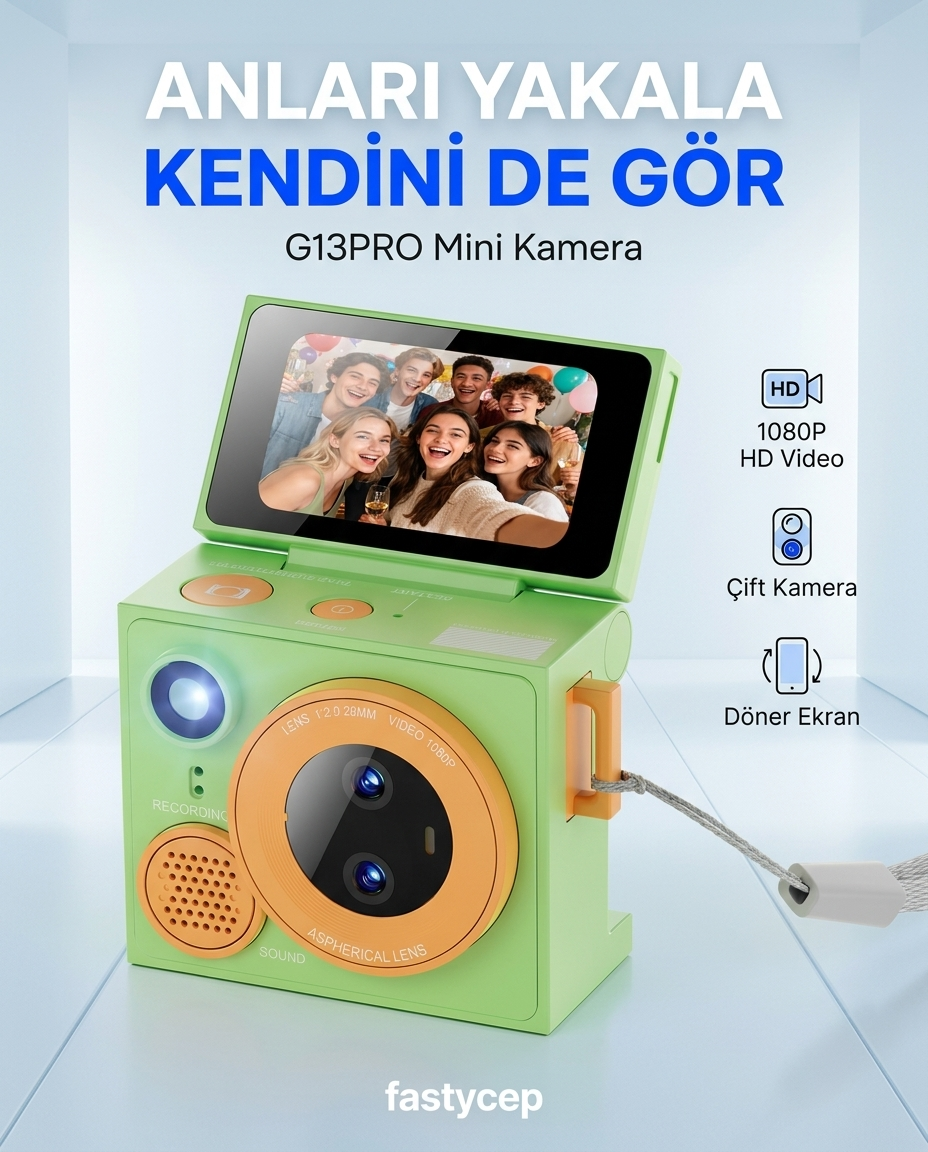 Çeşithane G13Pro Mini Retro Kamera HD, Çift Lensli Döndürülebilir Selfie Ekranlı, Taşınabilir Başparmak Vlog Kamerası (Yeşil)
