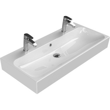 Çift Hazneli Etajerli 100 cm Seramik Lavabo Tasarımı