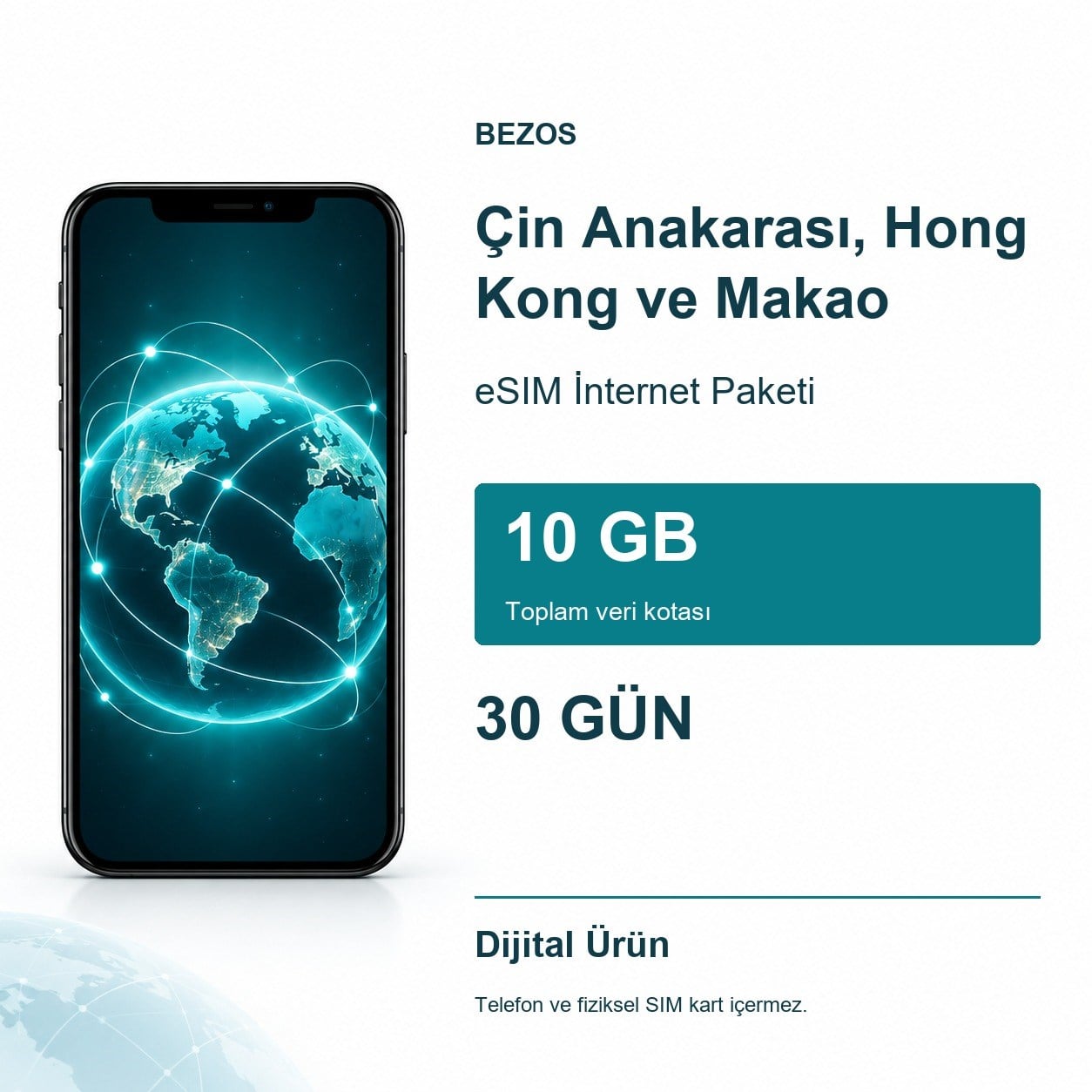 Çin Anakarası, Hong Kong ve Makao eSIM İnternet Paketi 10 GB 30 Gün