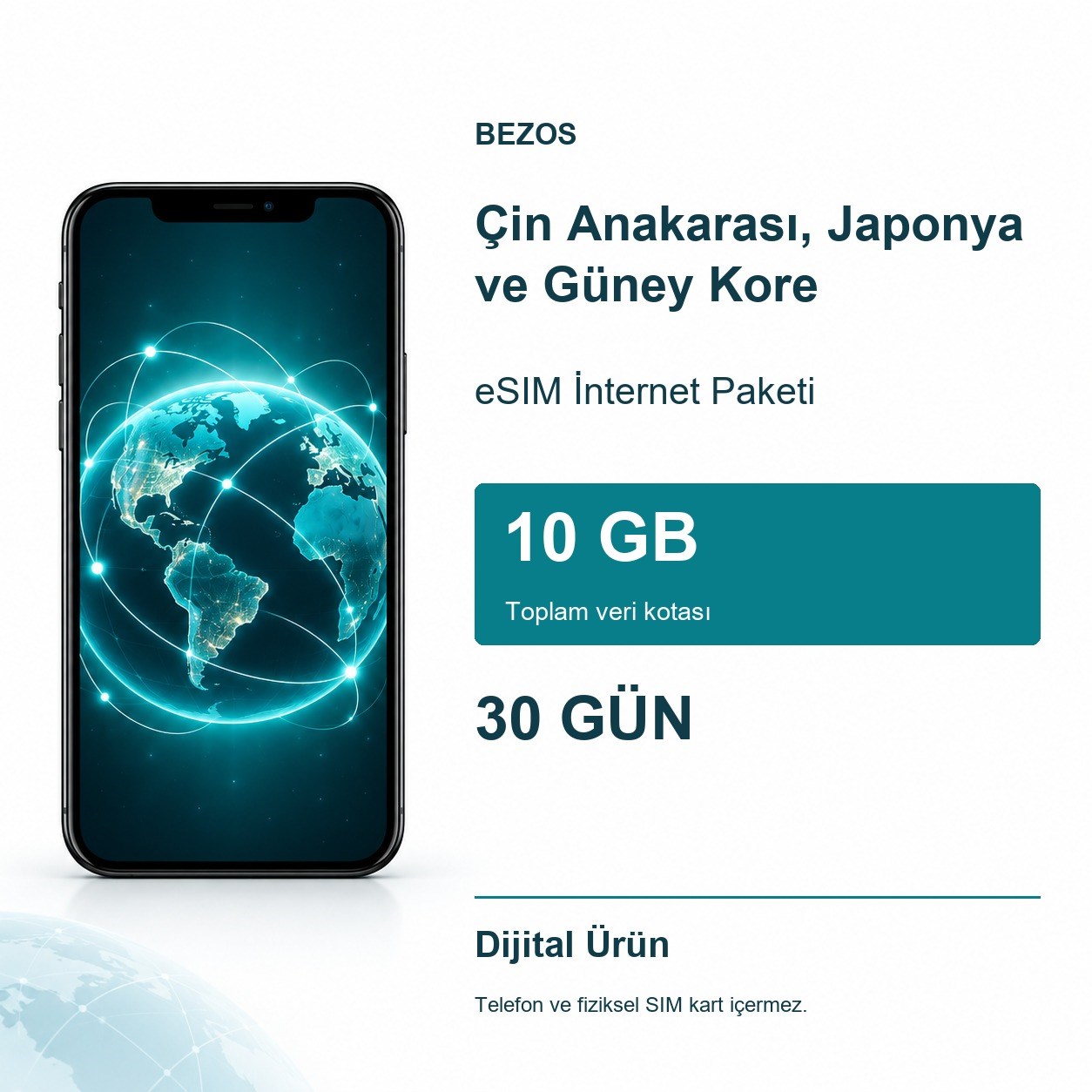 Çin Anakarası, Japonya ve Güney Kore eSIM İnternet Paketi 10 GB 30 Gün