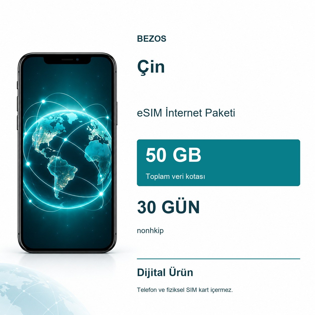Çin eSIM İnternet Paketi 50 GB 30 Gün - nonhkip