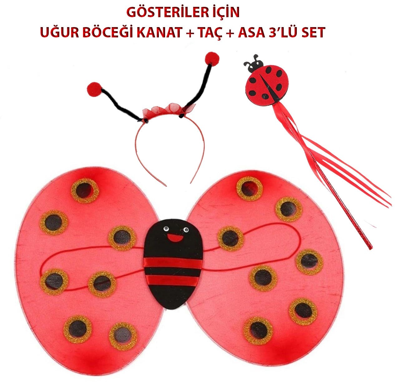 Çocuk Gösteri İçin Uğur Böceği Kanat + Taç + Asa 3'lü Kostüm Seti