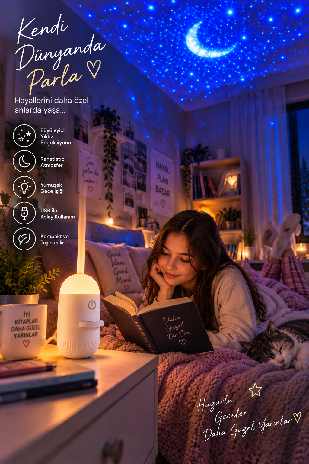 Çocuk Odası İçin Yıldızlı Gökyüzü Projeksiyon Gece Lambası