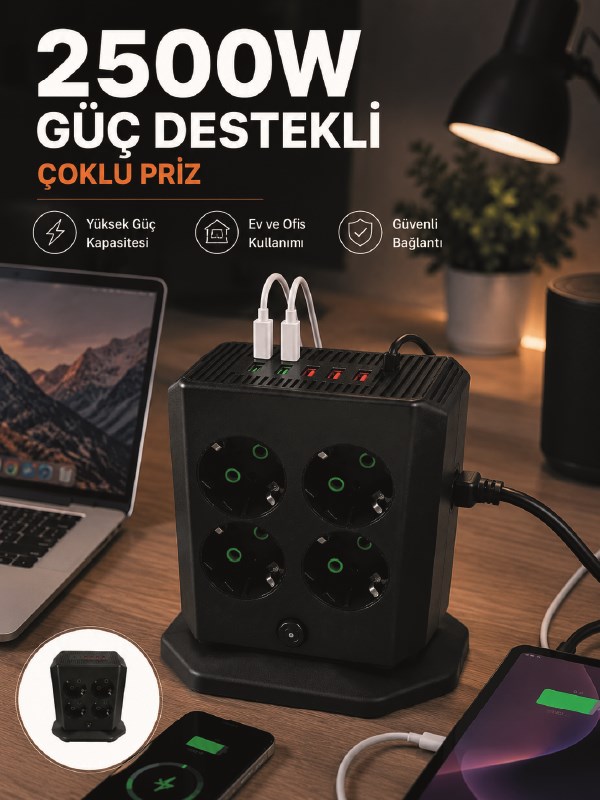 Çoklu Priz 8 Çıkışlı 4 USB 2 Type-C Anahtarlı Dikey Priz Kulesi