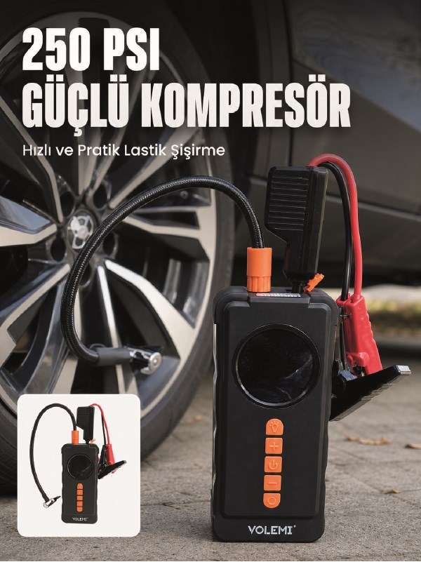 Dijital Araç Kompresörü 4 Fonksiyonlu Akü Takviye Lastik Şişirme Powerbank ve LED El Feneri