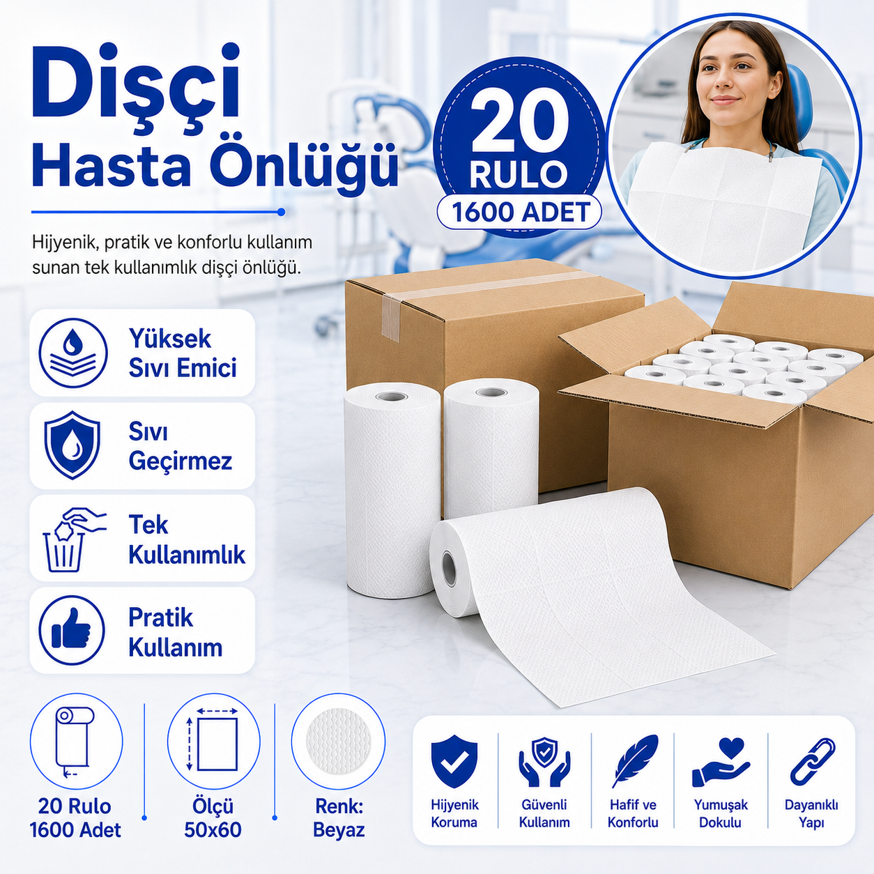Dişçi Hasta Önlüğü 20 Rulo 1600 Adet Beyaz 50x60 cm