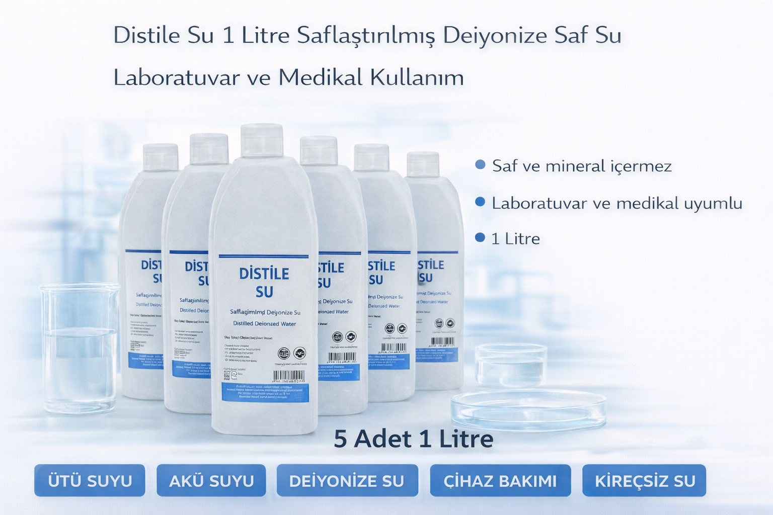 Distile Su 1 Litre Saflaştırılmış Deiyonize Saf Su 5 Adet