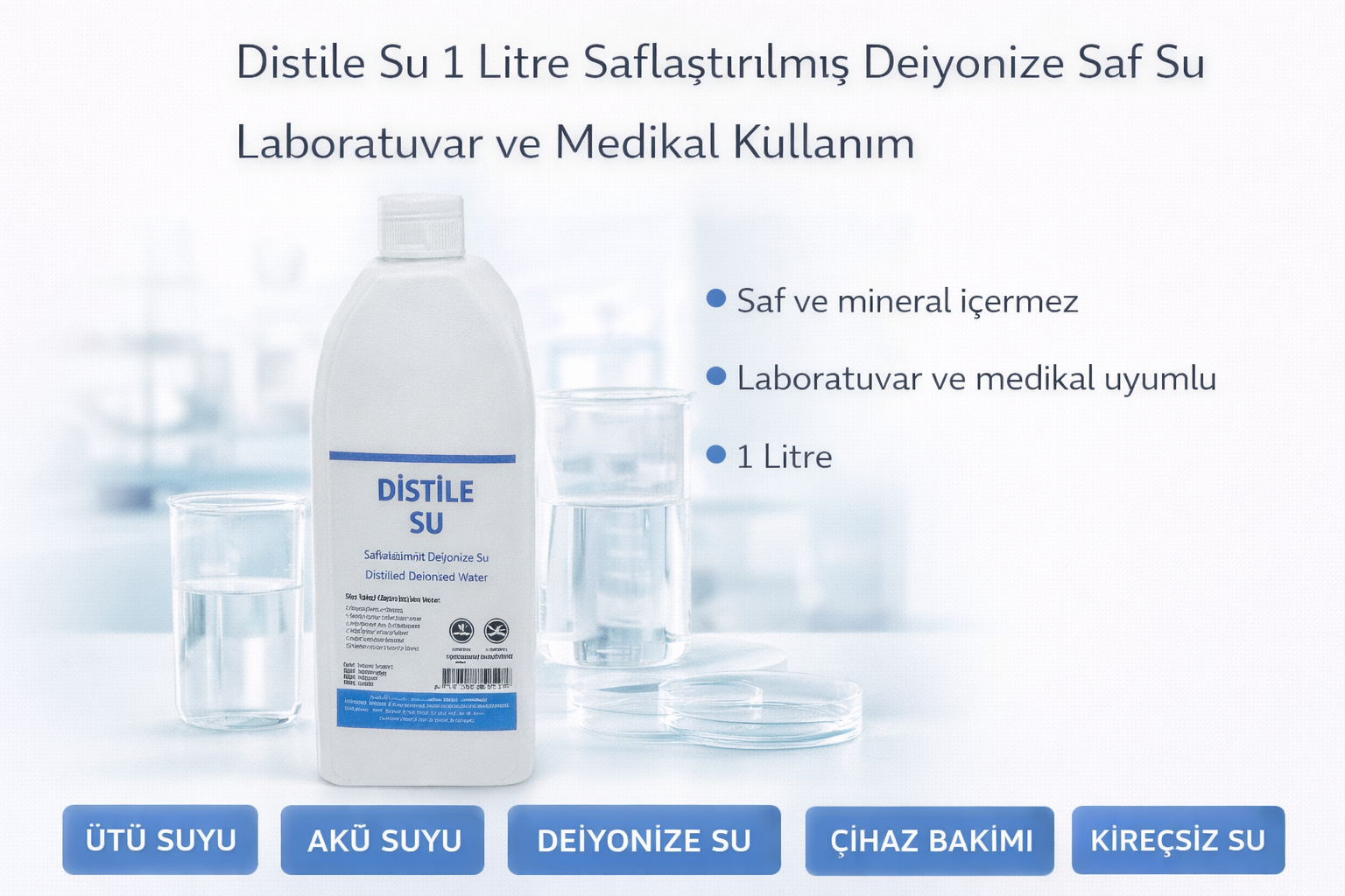 Distile Su 1 Litre Saflaştırılmış Deiyonize Saf Su Laboratuvar ve Medikal Kullanım 1 ADET