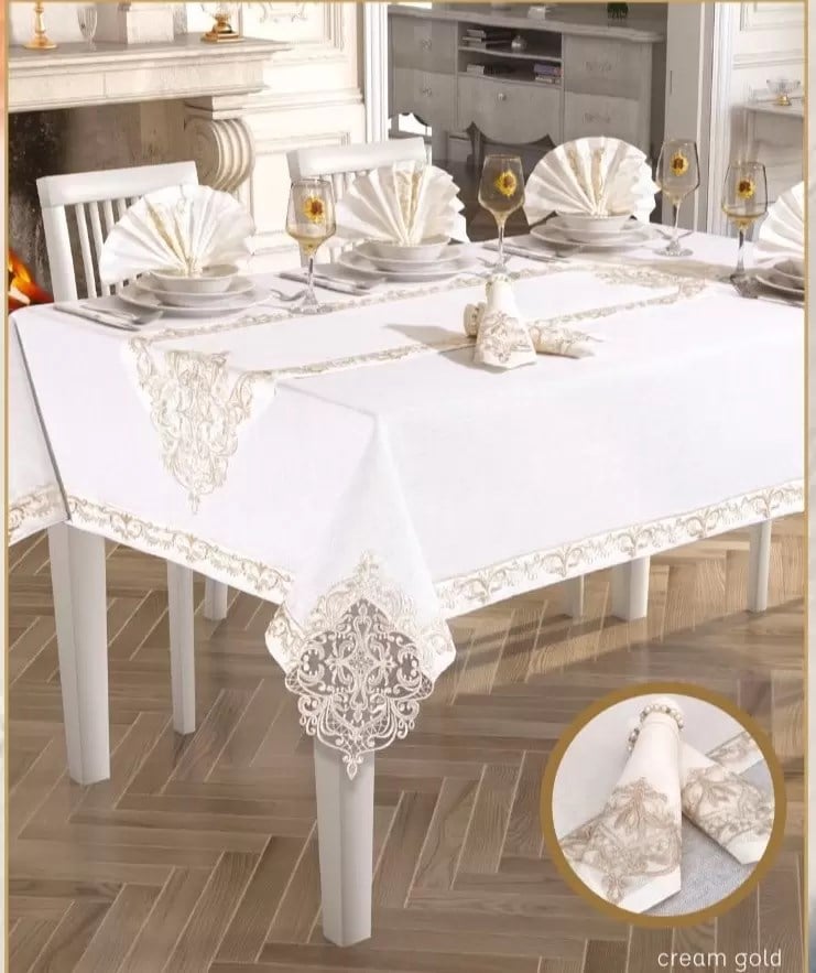 Elegant Linen Yemek Takımı Masa Seti 12 Kişilik 26 Parça160 × 260 cm Runner Set Krem-Gold