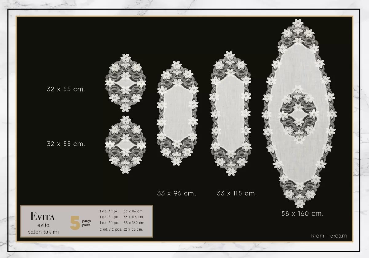 Evita Model Krem-Krem 5 Parça Keten Dantelli Salon Takımı Runner Seti No 6859