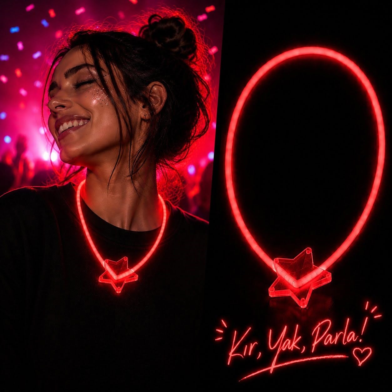 Fosforlu Yıldız Parti Kolyesi - Neon Işıklı Kolye Kırmızı Renk