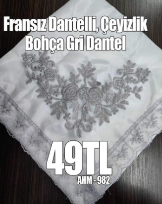 Fransız Dantelli Çeyizlik Bohça Gri Dantel
