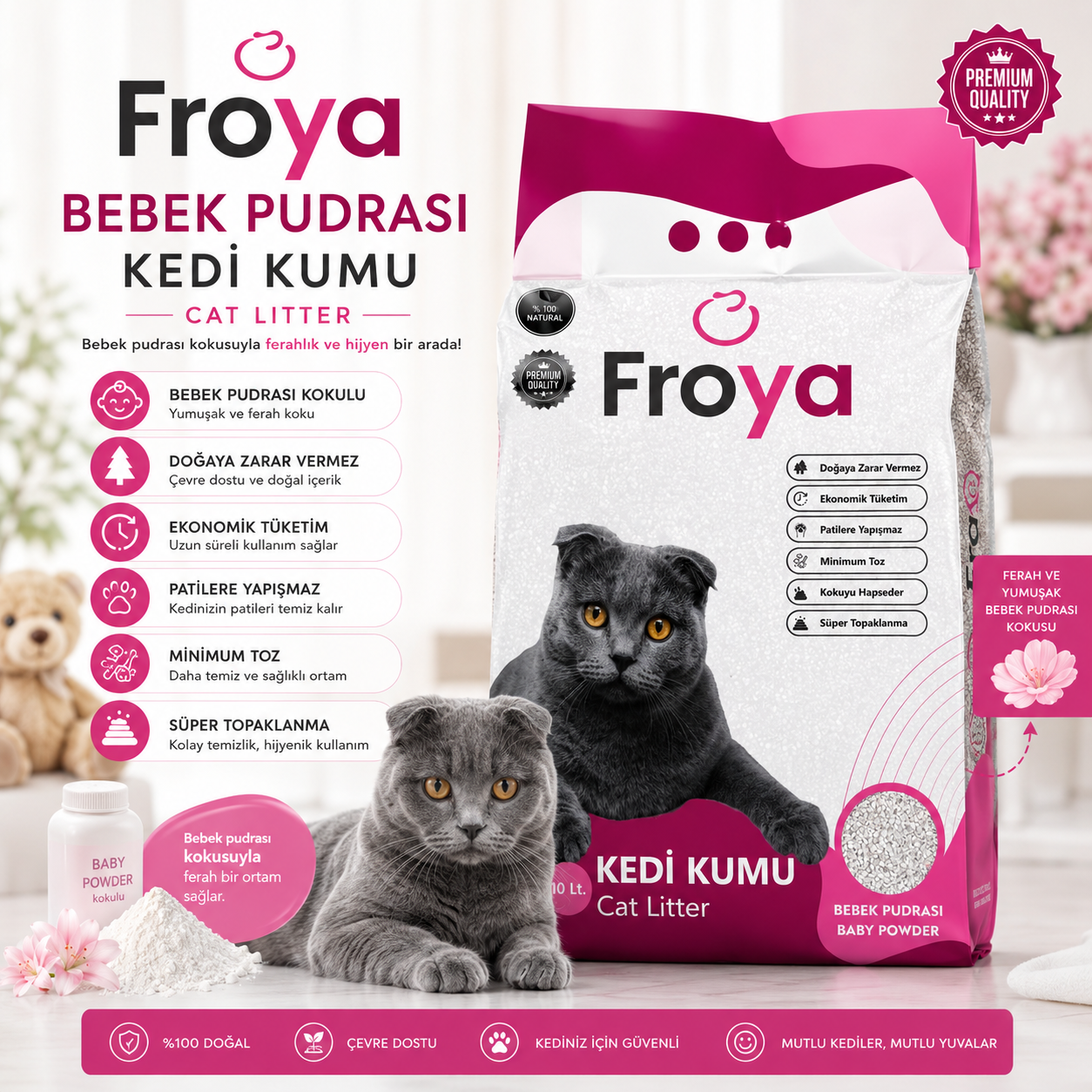 Froya Bebek Pudrası Kokulu Kedi Kumu 10 Lt Orta Taneli Topaklanan Tozsuz Kedi Kumu