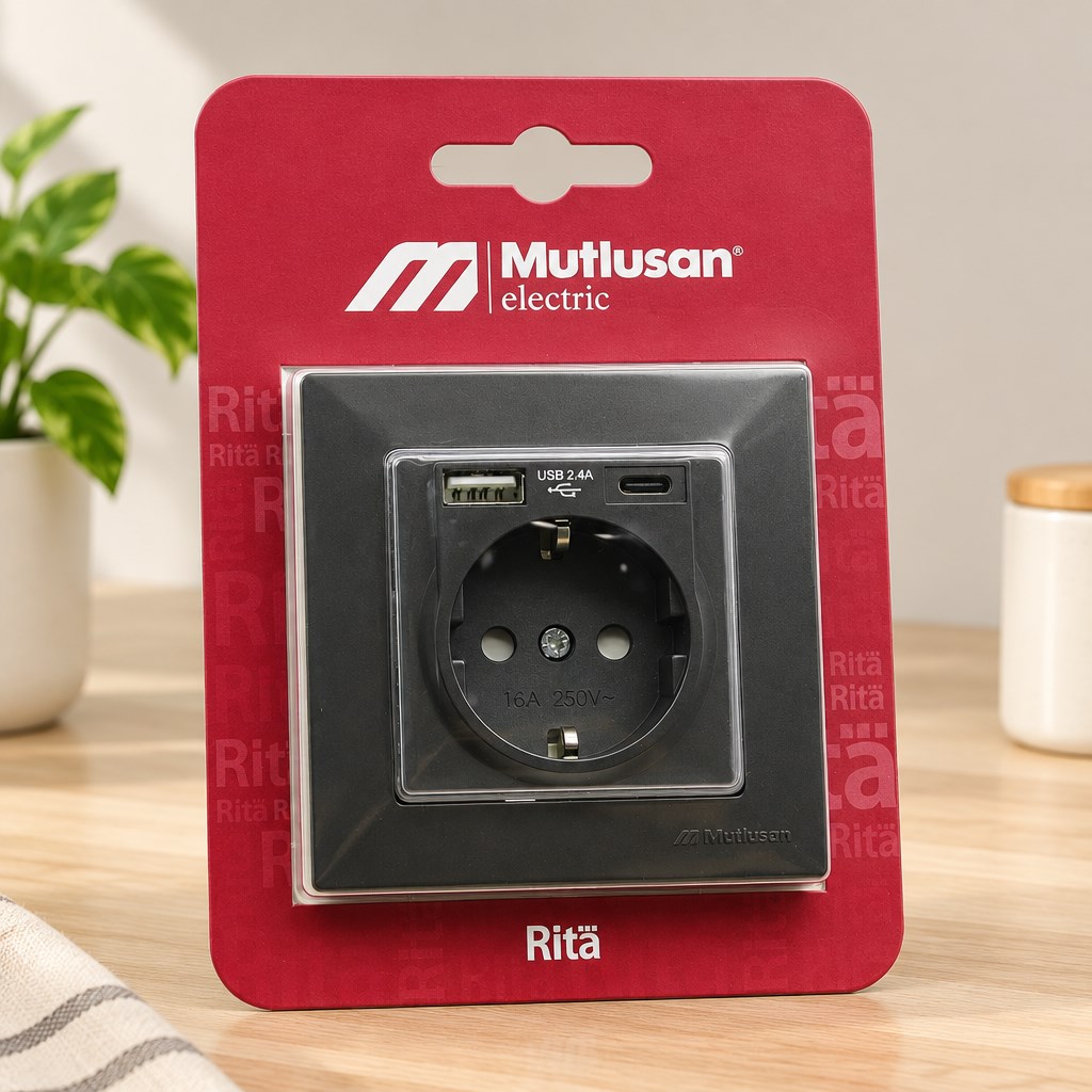 Füme Topraklı Priz USB ve Type-C Girişli Çerçeveli