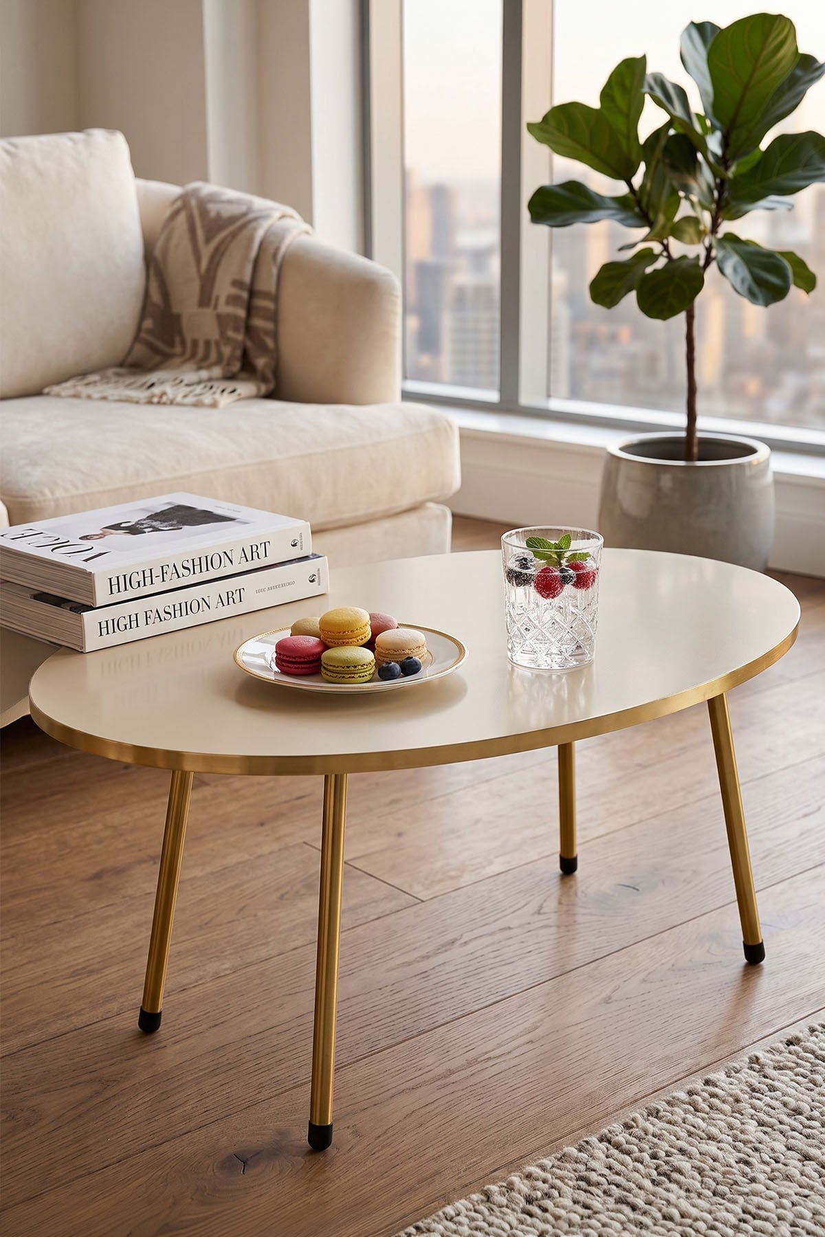 Gold Metal Oval Orta Sehpa Krem