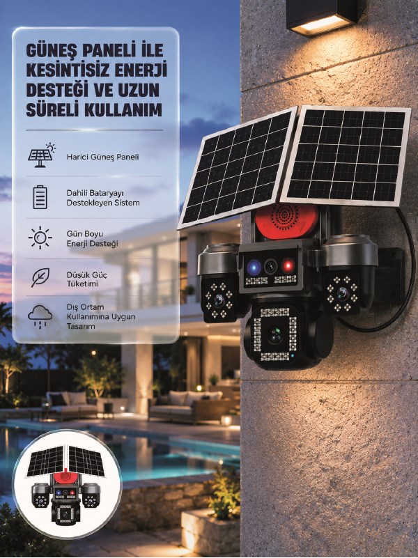 Güneş Enerjili 4 Lensli Dış Mekan Güvenlik Kamerası IP66 Su Geçirmez