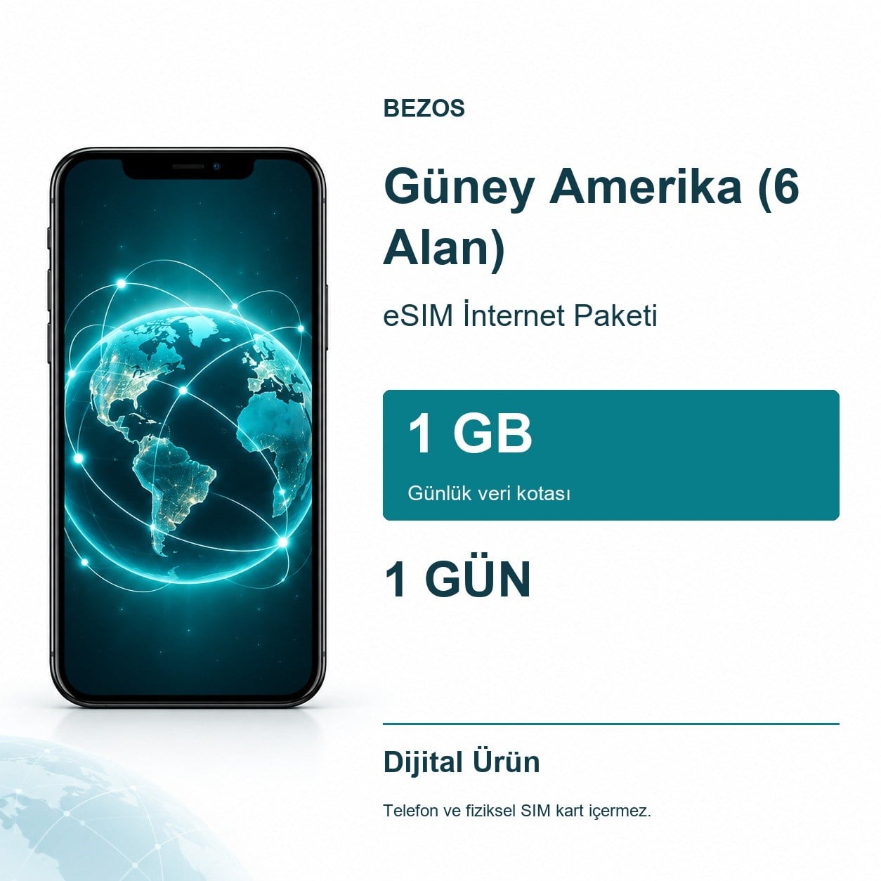 Güney Amerika (6 Alan) eSIM İnternet Paketi Günlük 1 GB 1 Gün