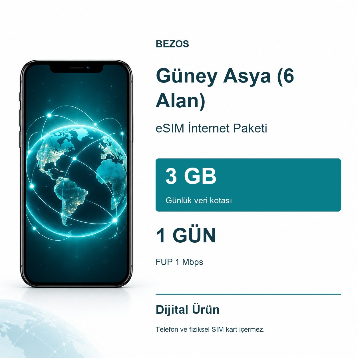 Güney Asya (6 Alan) eSIM İnternet Paketi Günlük 3 GB 1 Gün - FUP 1 Mbps