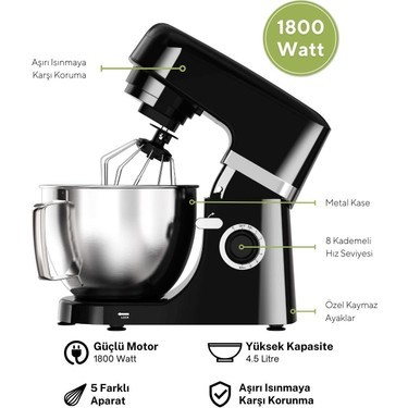 Hamur Yoğurma Makinesi, 1800W Güç ve 4.5 Litre Kapasite
