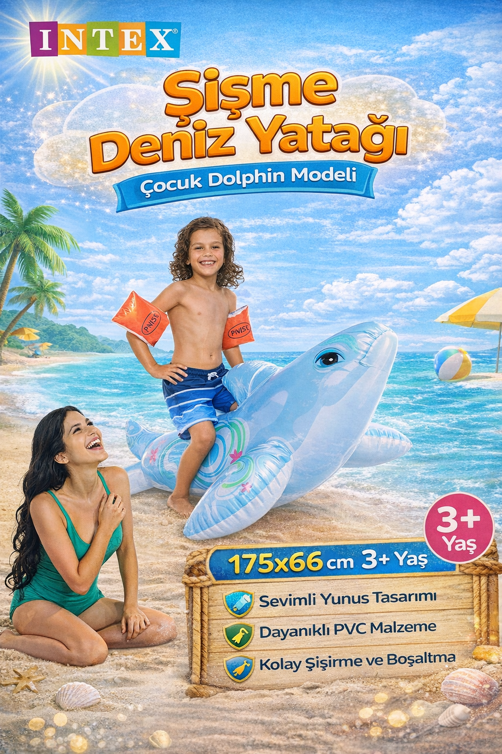 INTEX 58535 Şişme Deniz Yatağı Çocuk Dolphin Model 175x66 cm 3+ Yaş Su Oyuncağı