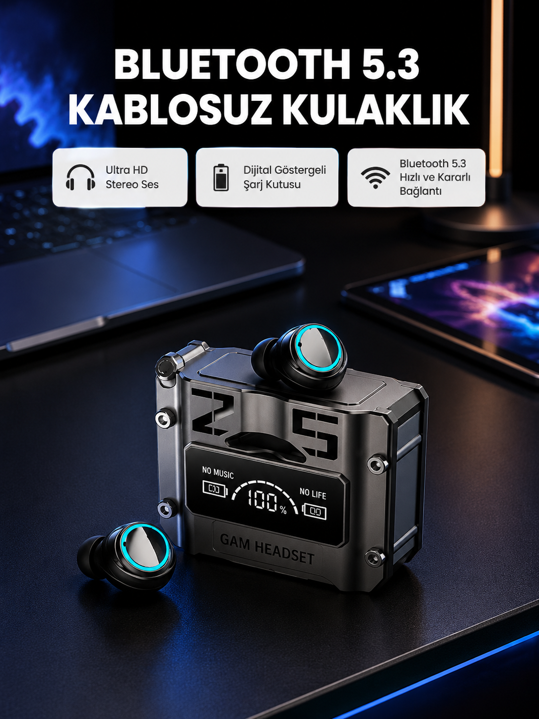 Kablosuz Bluetooth 5.3 Kulaklık – Aktif Gürültü Engelleme ve Gecikmesiz Oyun Modu
