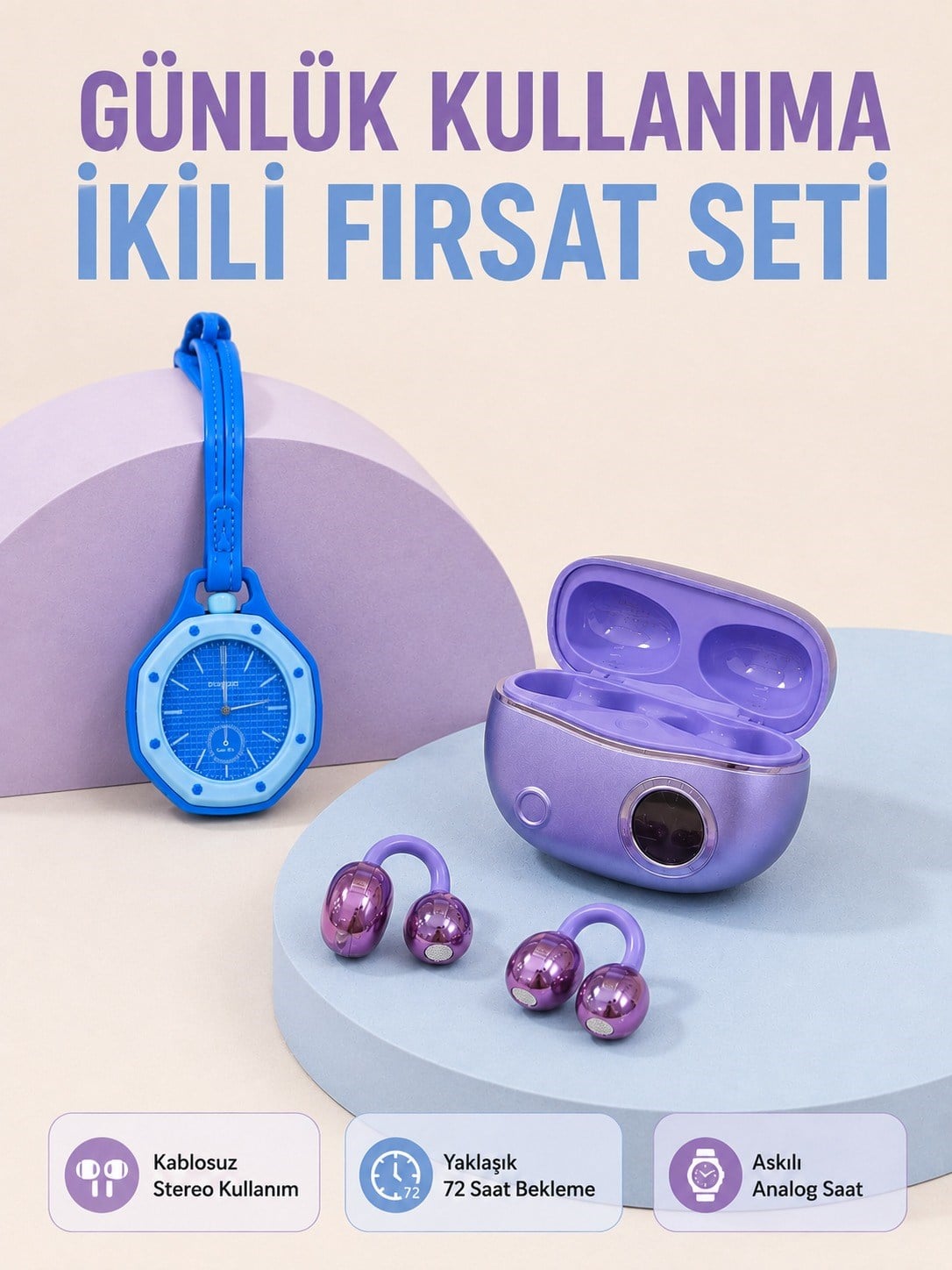Kablosuz Kulaklık ve Mavi Çanta Charm Saat İkili Set Taşınabilir Günlük Kullanım