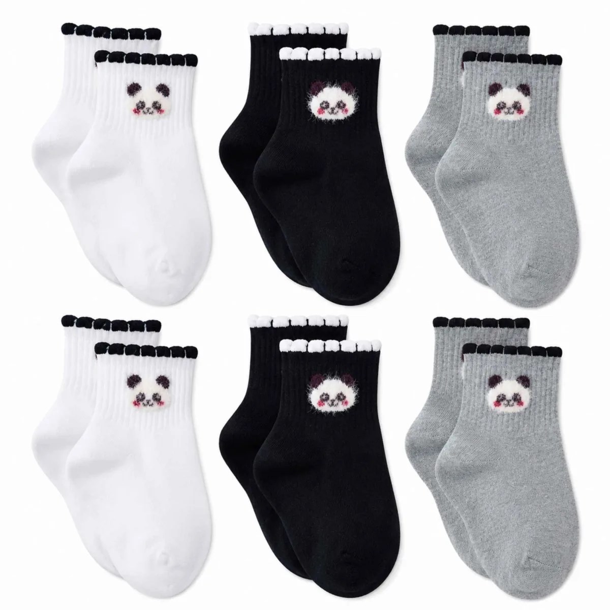 Kadın Panda Desenli Kısa Konç Çorap 6'lı Paket, %80 Pamuklu Dikişsiz Burun, Nefes Alan Yumuşak Bilek Çorabı, Siyah Beyaz Gri