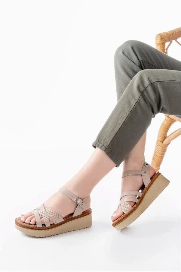 Kadın Taban Ortopedik Deri Dolgu Örgü Topuklu Dengeli Sandalet