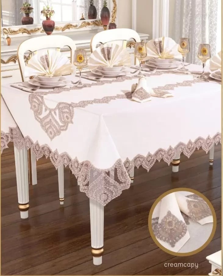 Kartanesi Gardenya Keten Krem-Kapiçino 12 Kişilik 26 Parça 160 × 220 cm Masa Takımı