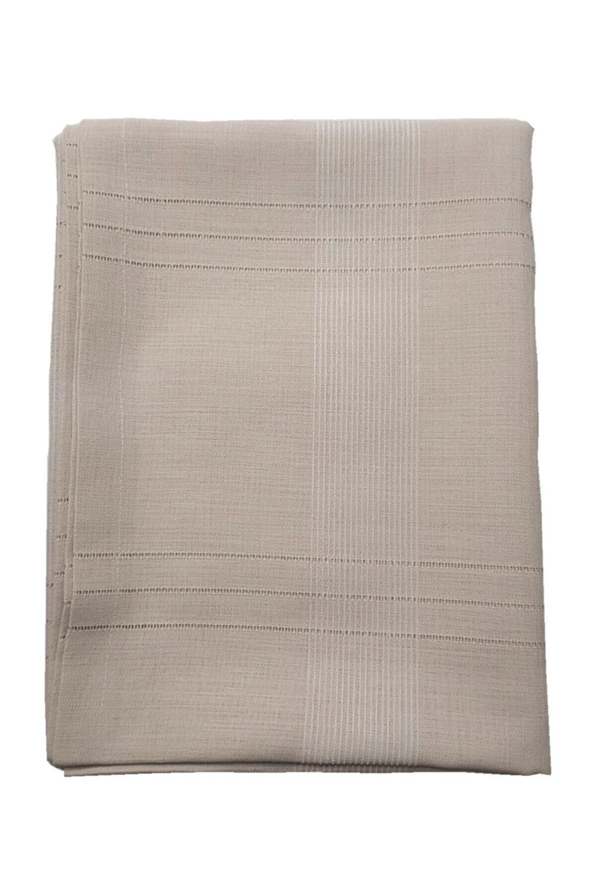 Keten Kumaş Çizgi Masa Örtüsü 160*220 Cm Sütlü Kahve