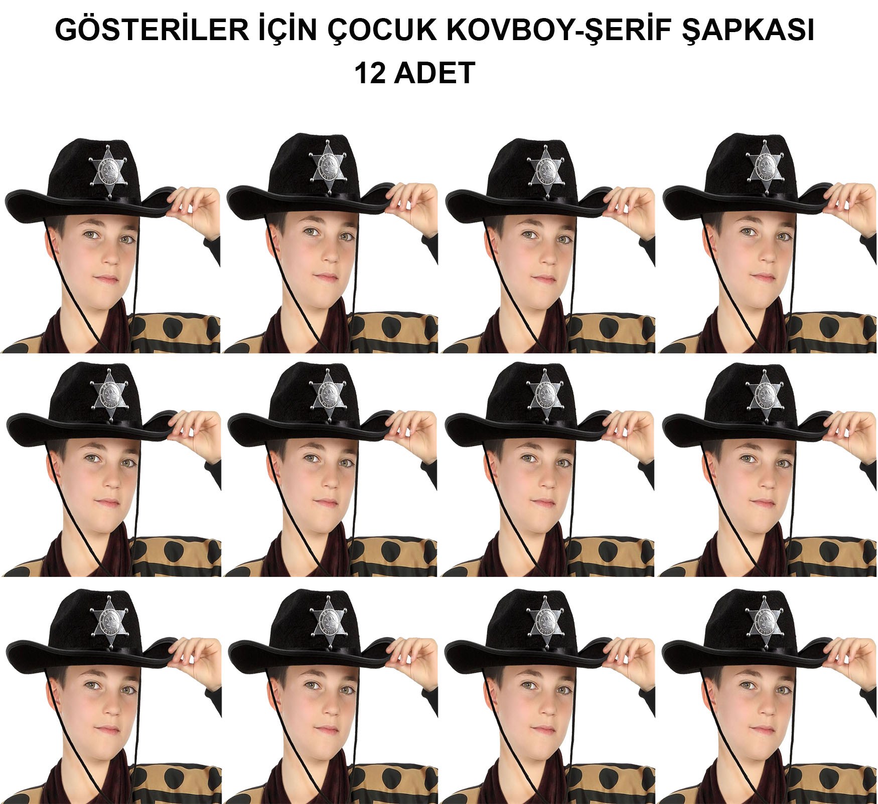 Kovboy Şerif Şapkası Siyah 12 Adet - Kostüm, Parti ve Gösteri Şapkası