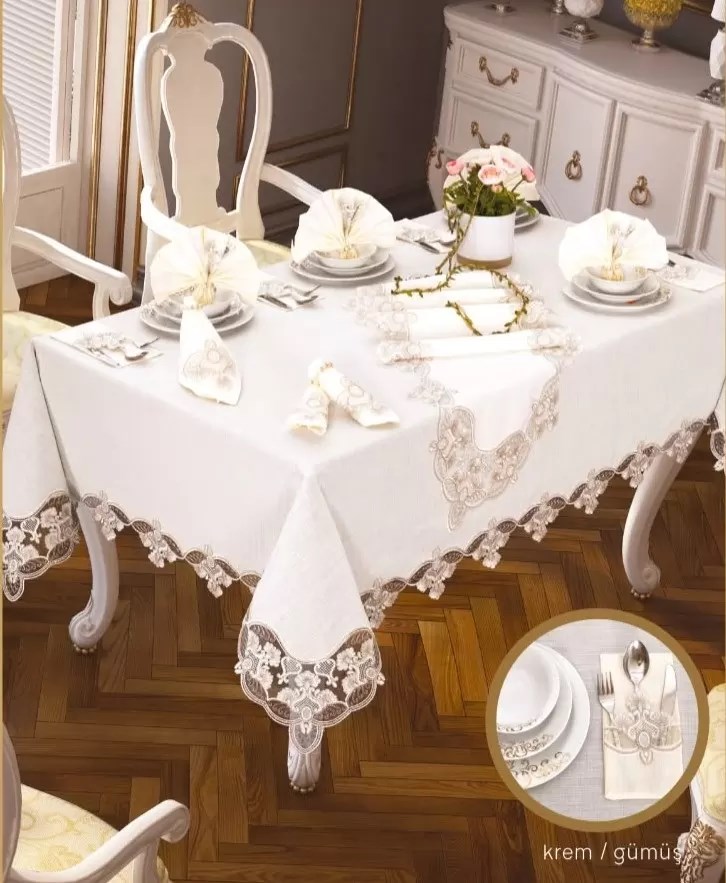 Krem-Gümüş Gardenya Karanfil Keten 26 Parça 160 × 220 cm Şık Sofra Takımı