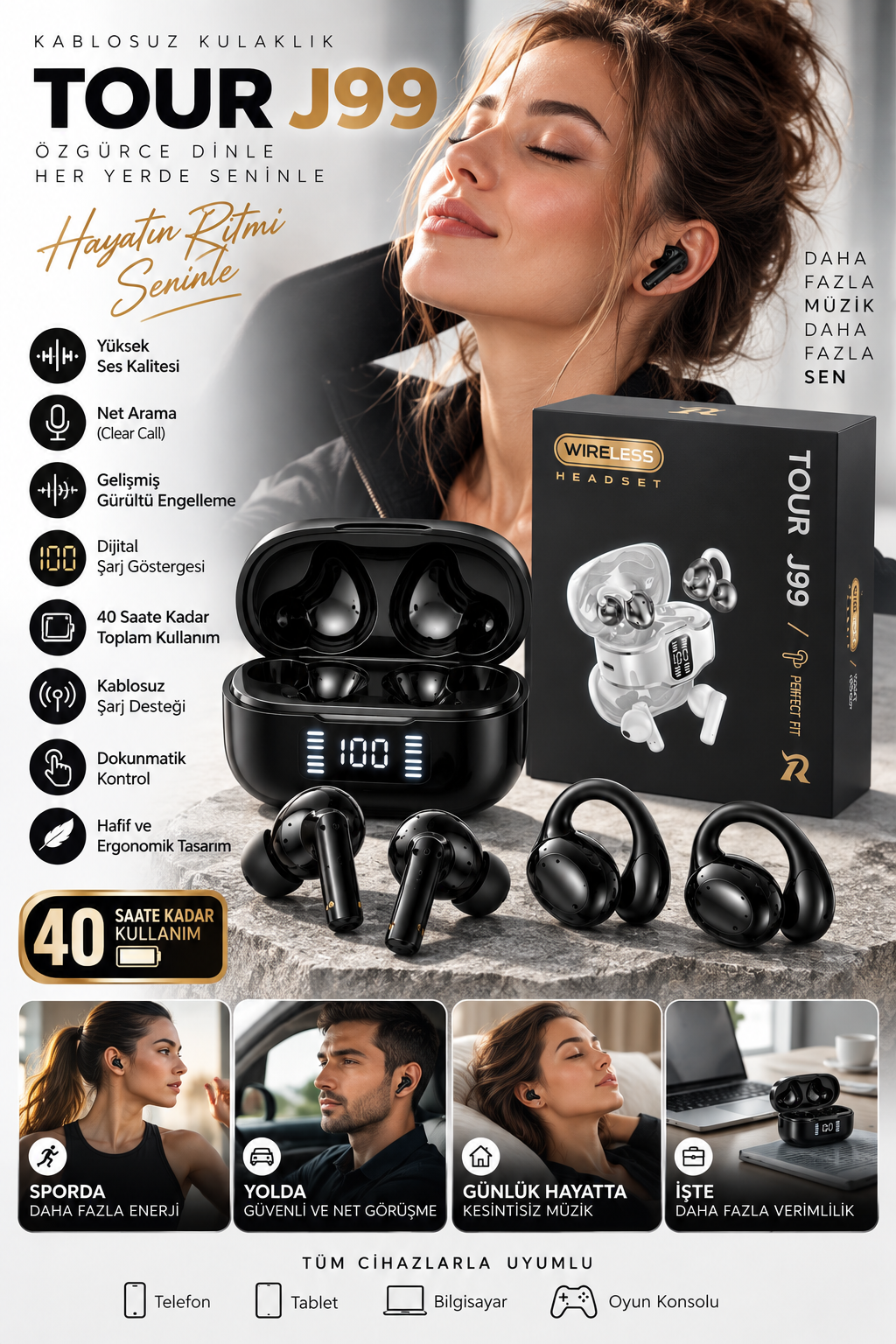 Küpe Tasarımını Sevenlere 4 Kulaklıklı Bluetooth Kulaklık Seti Kulağa Girmeyen Tasarım
