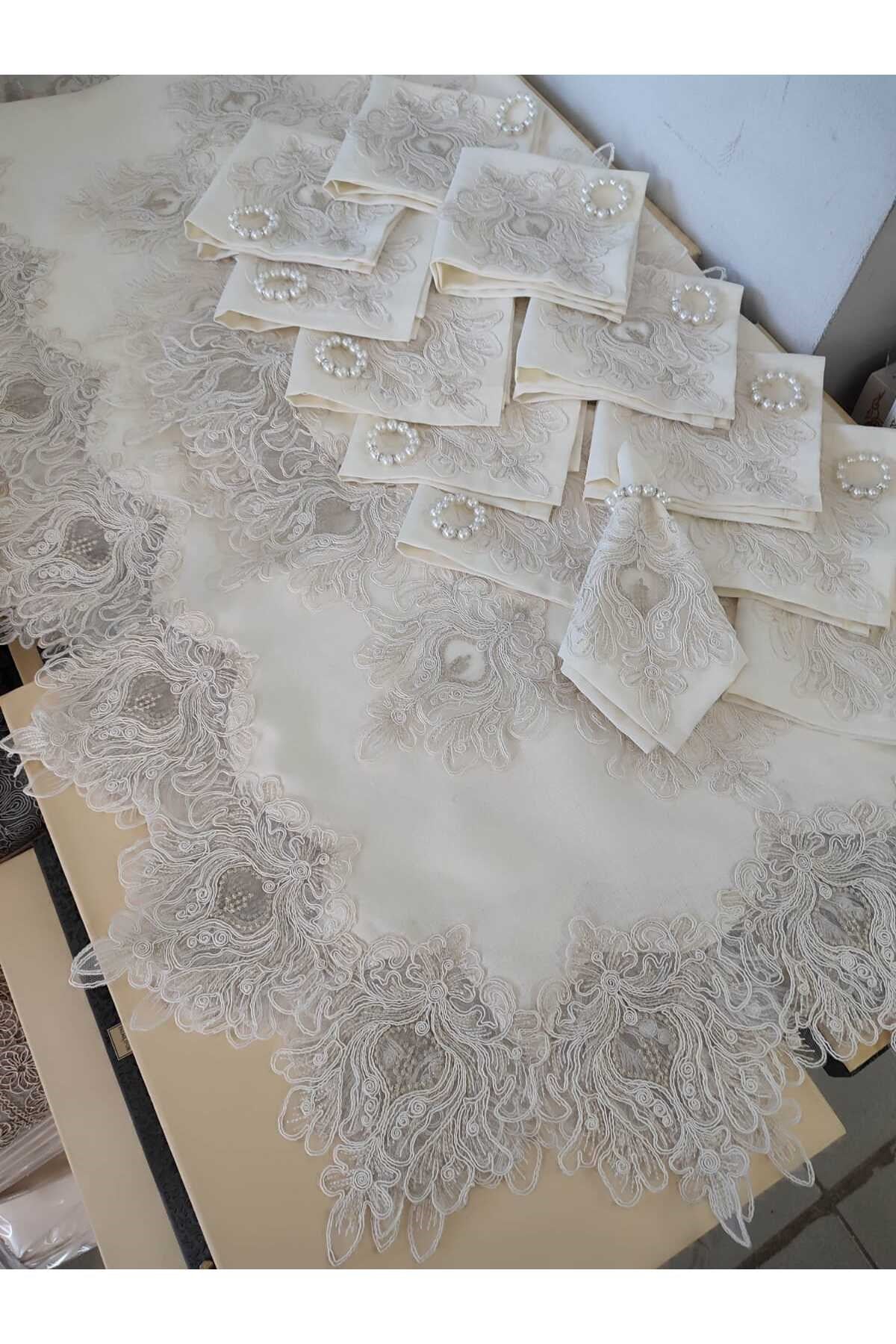 Masa Örtüsü Takımı 26 Parça Lüks 12 Kişilik Masa Örtüsü Seti Krem