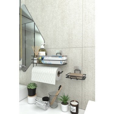 Metal Sabunluk ve Kağıt Havlu Tutacağı ile Banyo Rafı Seti