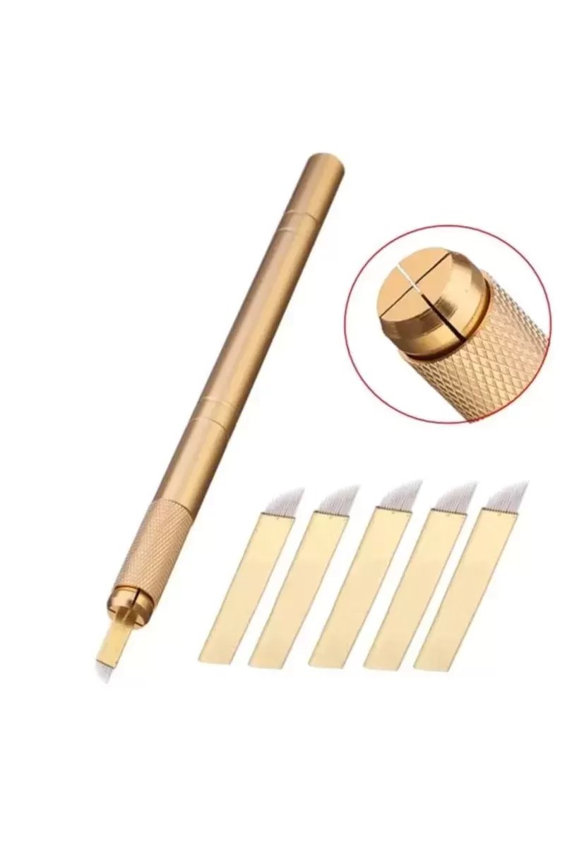Microblading Kalemi Manuel Kalıcı Kaç Dudak Makyaj Altın Renk + 5 Adet 12 Pin Iğne