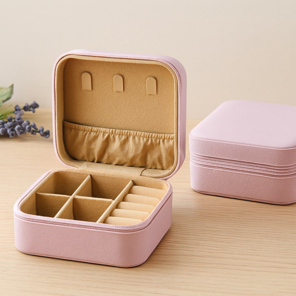 Mini Fermuarlı Takı Kutusu 10x10x5 cm - Suni Deri, 4 Bölmeli