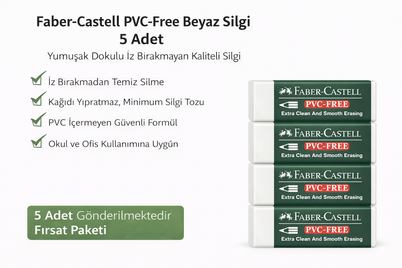 No24 PVC Free Beyaz Silgi 5 Adet İz Bırakmayan Yumuşak Dokulu Okul Ofis Silgisi