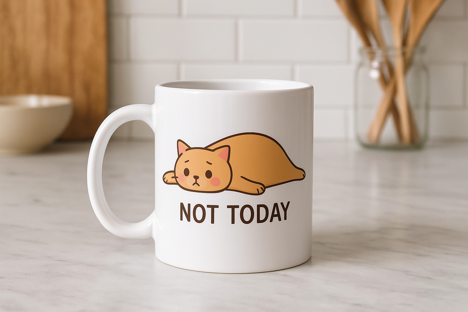 Not Today Yazılı Sevimli Kedi Tasarımlı Kupa Model 217 Baskılı Seramik Kahve Kupası