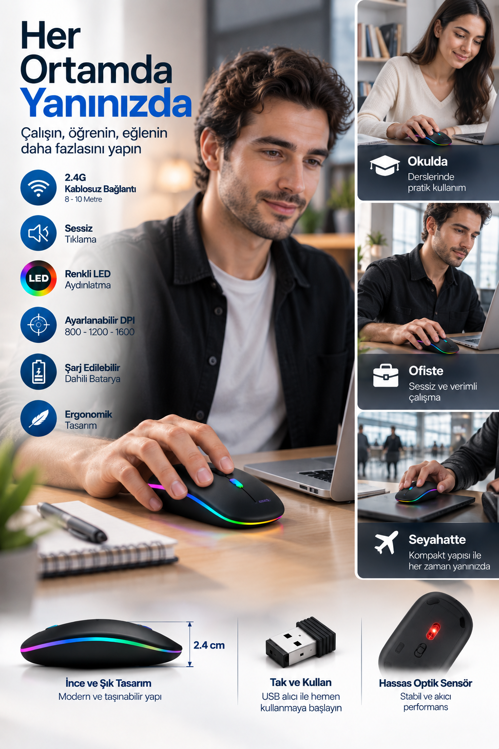 Ofis Ev Okul Kullanımına Uygun Şarjlı Kablosuz Mouse