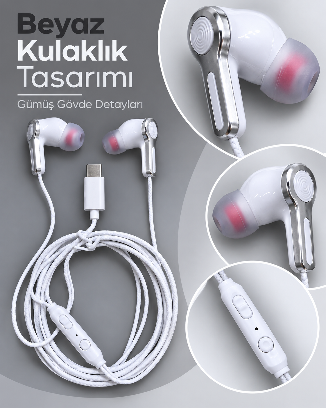 Örgülü Kablo Tasarımlı Kumandalı Beyaz Type C Kulaklık