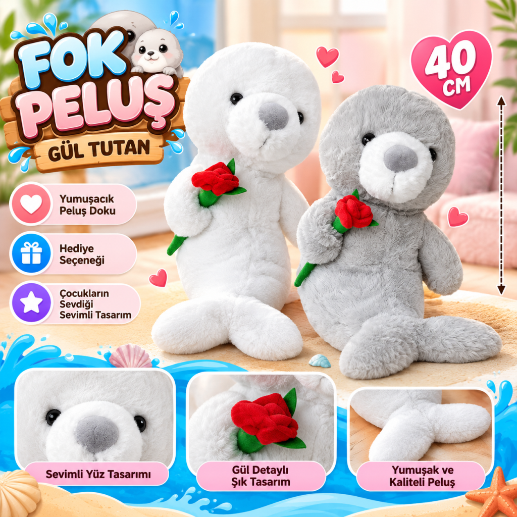 PL50252 40 CM FOK GÜL TUTAN PELUŞ FOK OYUNCAK