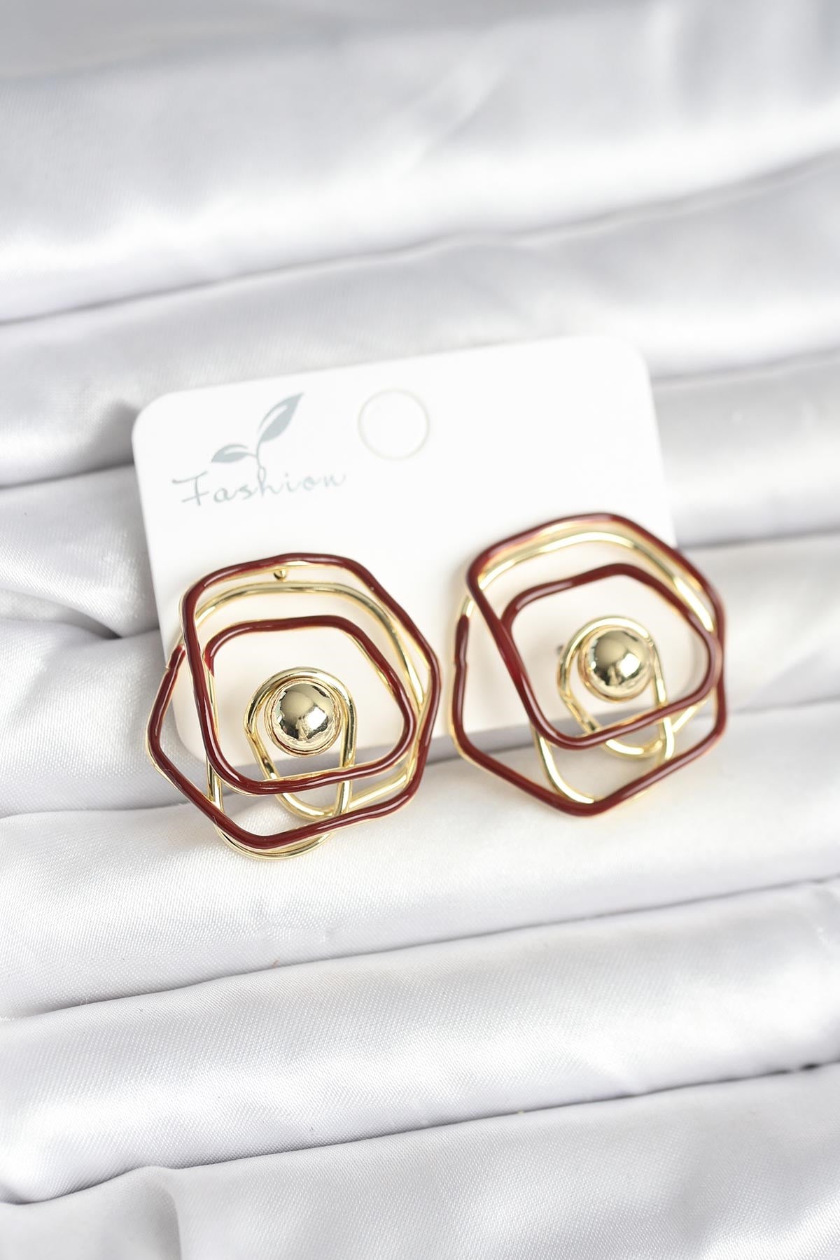 Pirinç Gold Renk Bordo Mineli Geometrik Gül Model Kadın Küpe