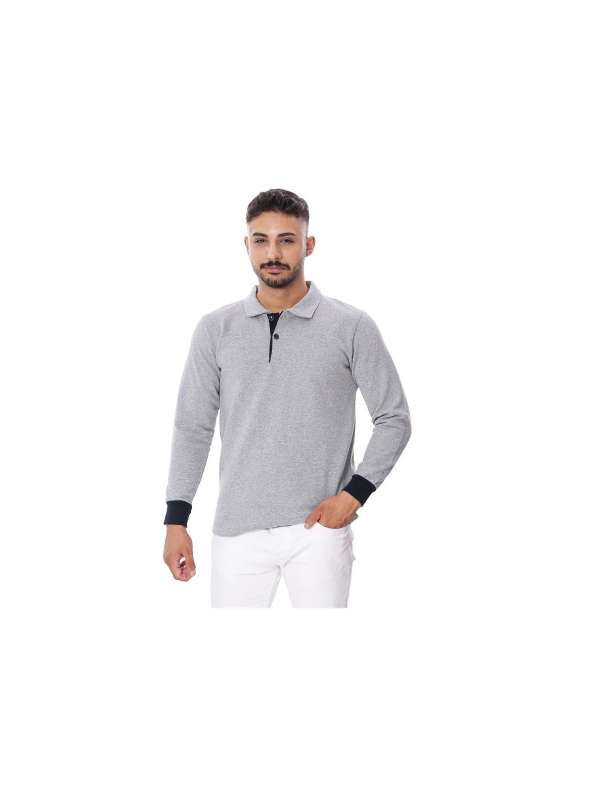 Polo Yaka İki İplik Uzun Kol Sweat Gri L