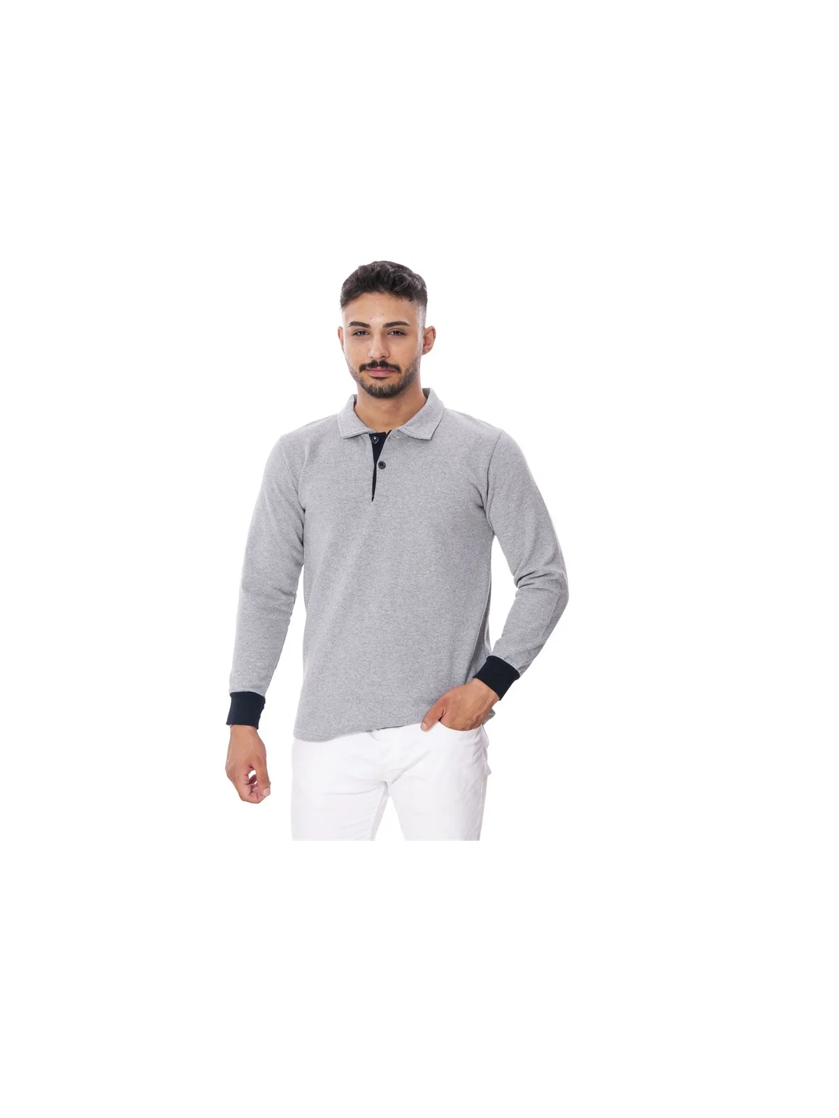 Polo Yaka İki İplik Uzun Kol Sweat Gri XL