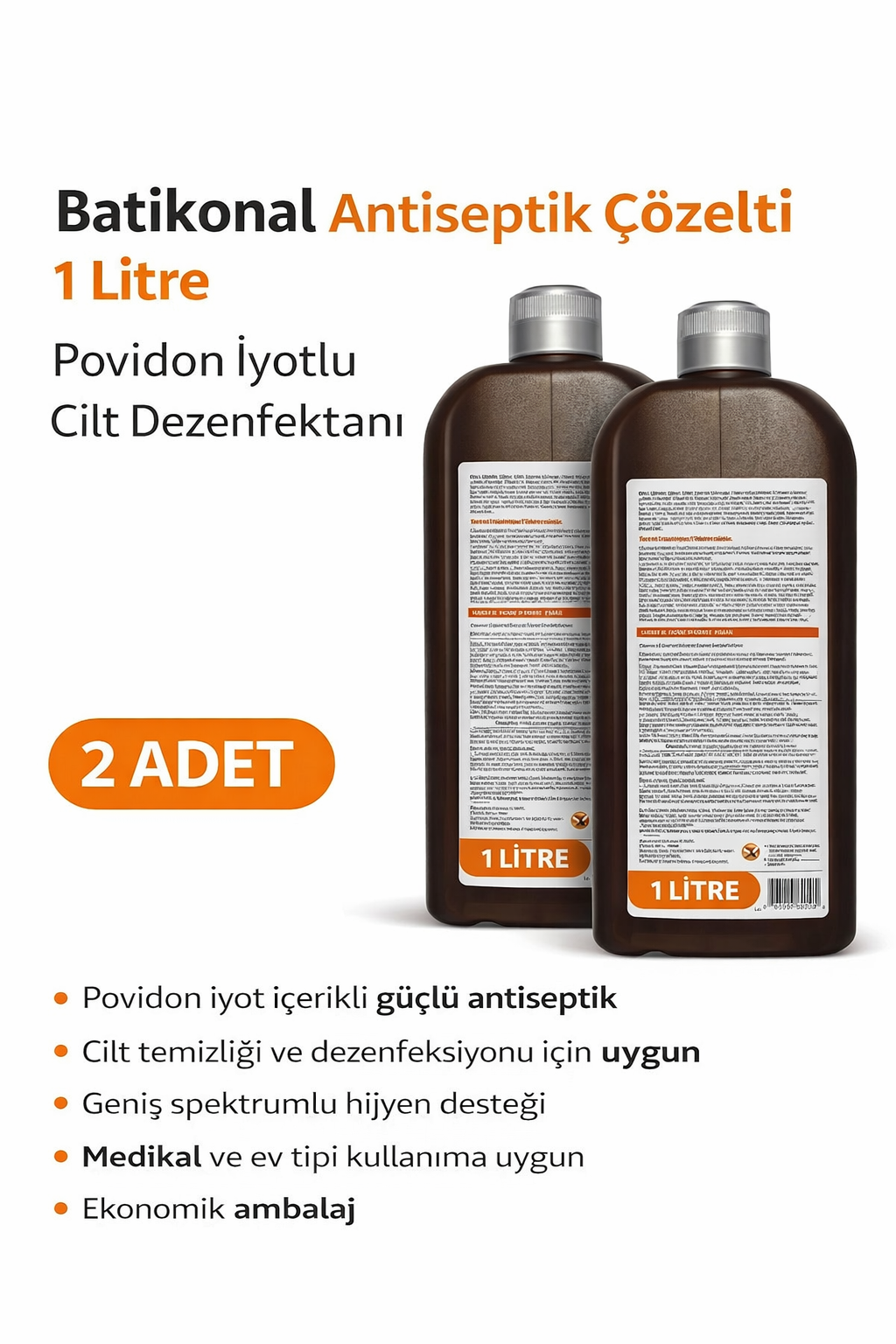 Povidon İyotlu Baticonal Antiseptik Çözelti 1 Litre x 2 Adet Cilt Dezenfektanı Solüsyon
