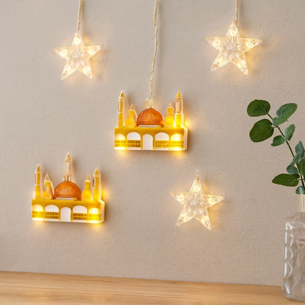 Ramazan LED Perde Lamba 3m (Fişli, Eklemeli) - Sarı Cami ve Yıldız