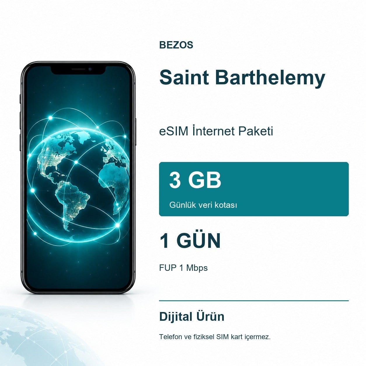 Saint Barthelemy eSIM İnternet Paketi Günlük 3 GB 1 Gün - FUP 1 Mbps