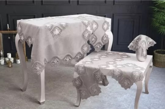 Salon Takımı 5 Parça Keten Dantelli Masa Örtüsü Runner Seti Çeyizlik Flowers Model No 9964 Kapiçino